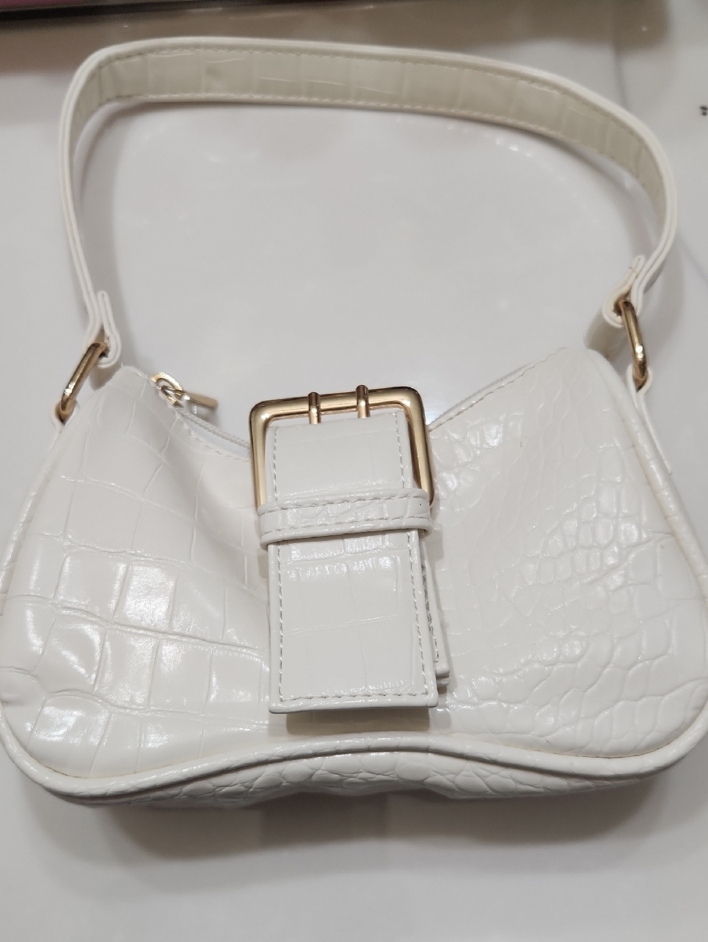 White Croc-Embossed Buckle Shoulder Bag - Unbranded